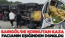 Sarıgöl’de otomobil ile çarpışan kamyon devrildi