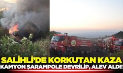Salihli'de feci kaza: Virajı alamayan kamyon şarampole devrildi