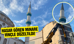 Turgutlu'da Fırtınada Yan Yatan Cami Minaresi Vinçle Düzeltildi