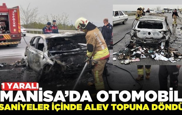 Manisa'da seyir halinde otomobil yandı