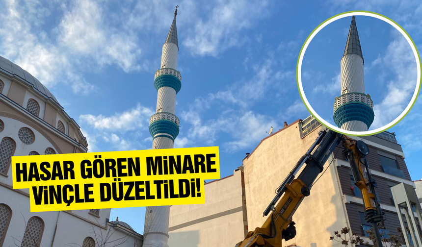 Turgutlu'da Fırtınada Yan Yatan Cami Minaresi Vinçle Düzeltildi