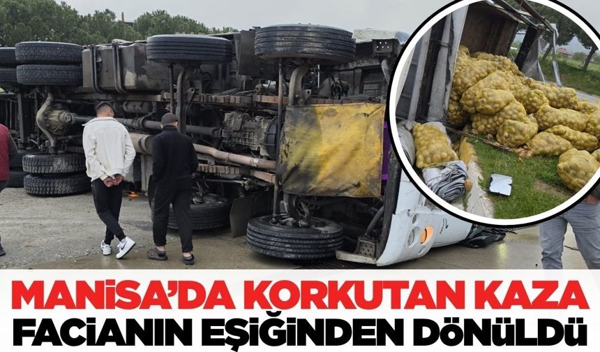 Sarıgöl’de otomobil ile çarpışan kamyon devrildi