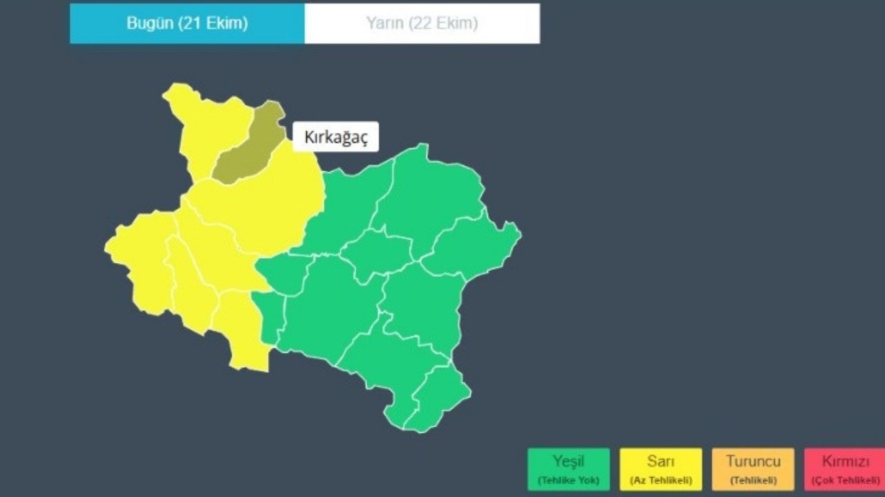 Manisa'da bugün, 21 Ekim Salı, beklenen kuvvetli gök gürültülü sağanak yağışlar için Meteoroloji'den 'sarı kodlu' uyarı geldi.