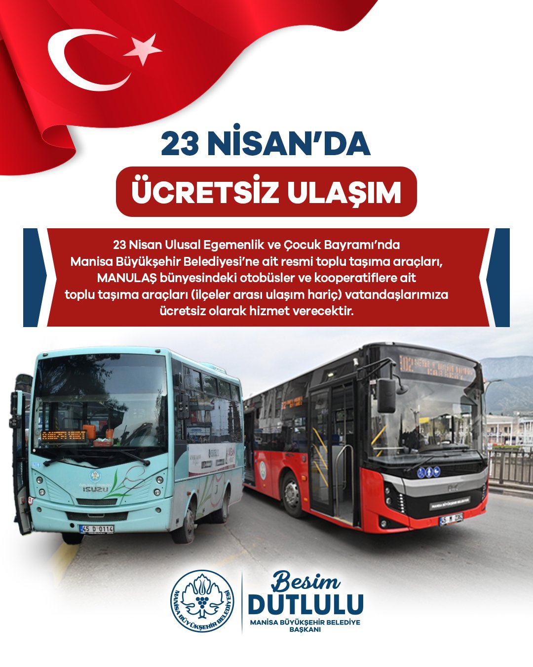 Manisa'da 23 Nisan'da toplu taşıma ücretsiz!-1