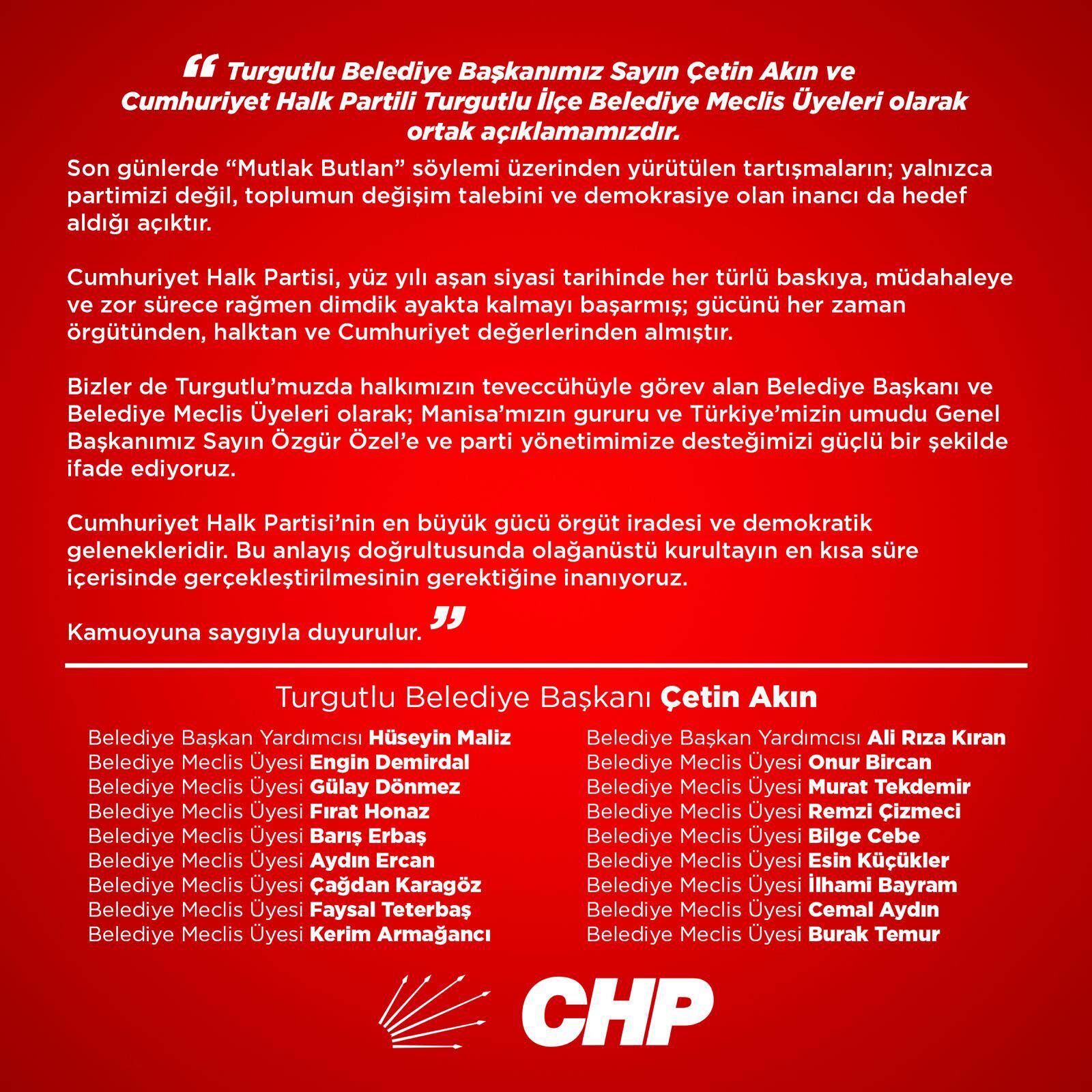 Turgutlu Belediye Başkanı Çetin Akın ve CHP Meclis Üyelerinden Ortak Açıklama: 