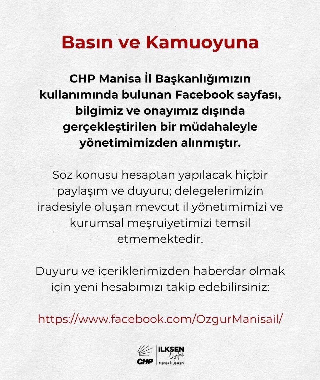 CHP Manisa İl Başkanlığı'nın Facebook Sayfası Ele Geçirildi! Yeni Hesap Duyuruldu