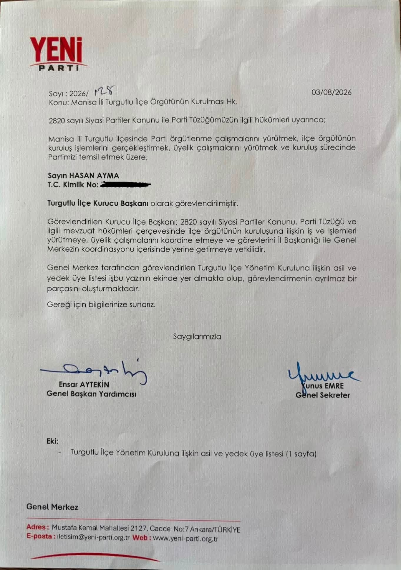 Hasan Ayma Duyurdu: Turgutlu Kurucu İlçe Başkanlığı Görevlendirmesi Yapıldı-.1