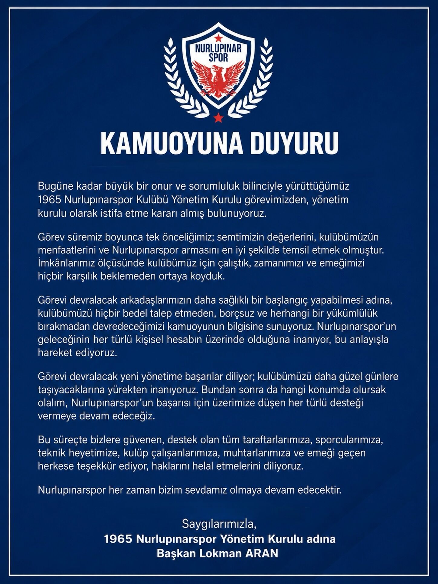 NURLUPINAR YÖNETİM İSTİFA